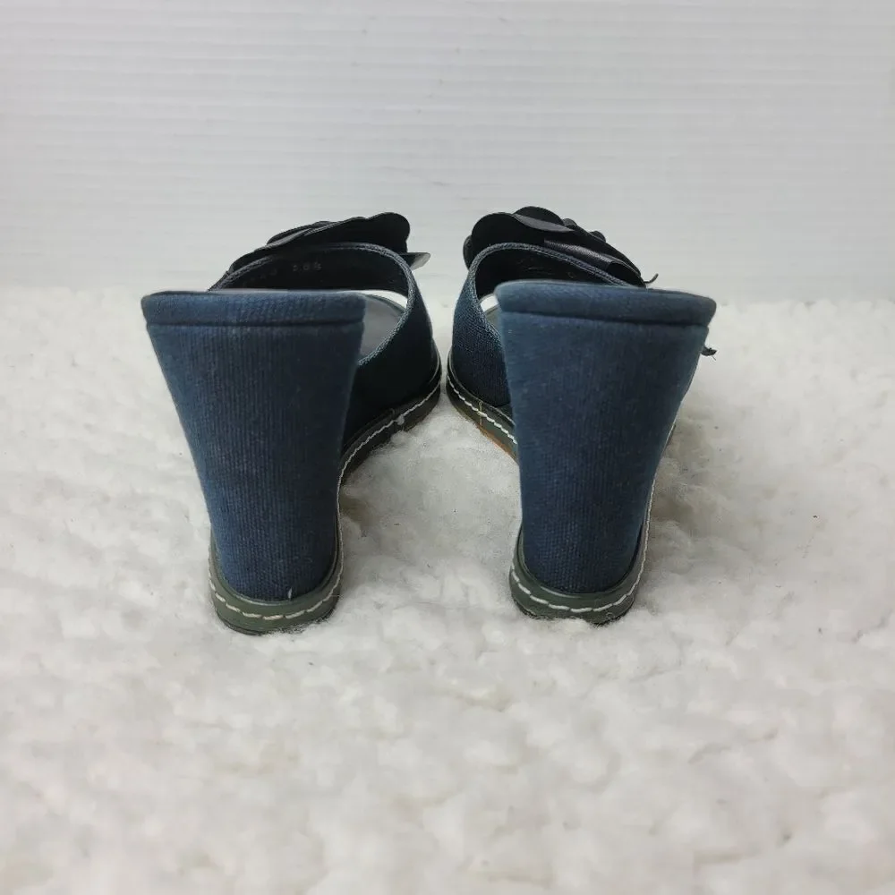 Chanel Camellia Women's Wedge Shoes Size 8 Blue Navy Sandals Mules Open Toe Shoe